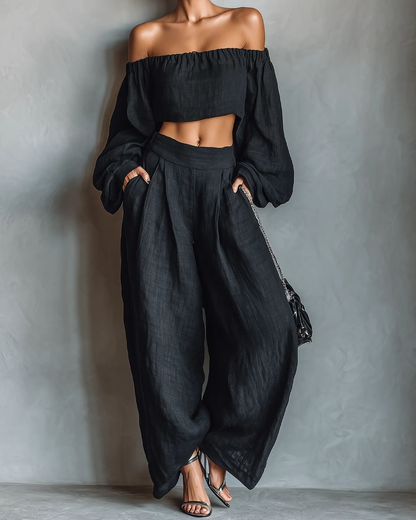 Tessy -- Off-shoulder set met wijde broek