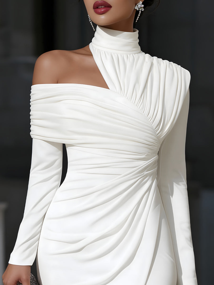 Witte Asymmetrische Drapé Hoge Hals Eén-Schouder Midi Jurk