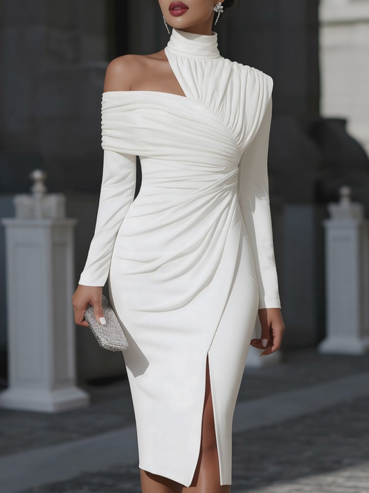 Witte Asymmetrische Drapé Hoge Hals Eén-Schouder Midi Jurk