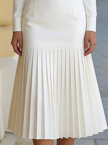 Witte Coltrui Lange Mouwen Plissé Midi Jurk (met riem)