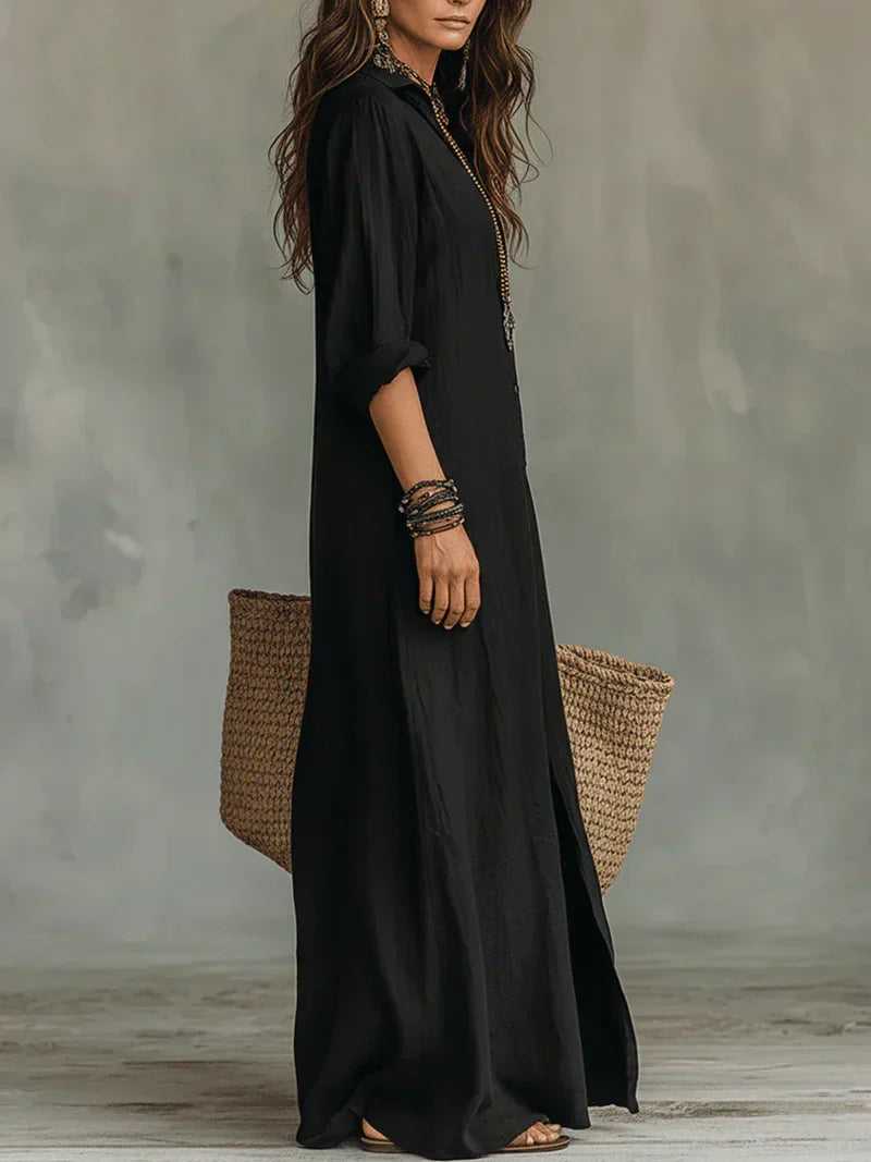 Céline™ | Maxi Zwarte Jurk met Knopen