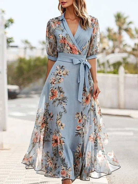 Bloemenprint V-hals Korte Mouw Strik Taille Midi Jurk