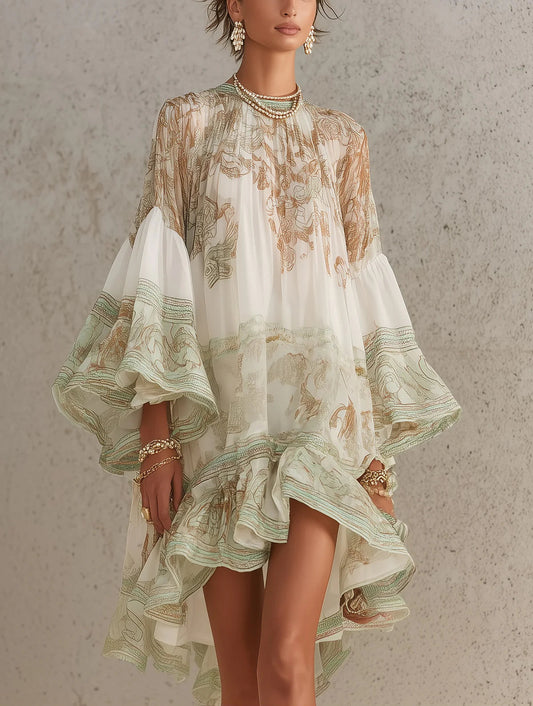 Rosalie | Mini-jurk in Mousseline met Volants en Gestreepte Groene Zoom