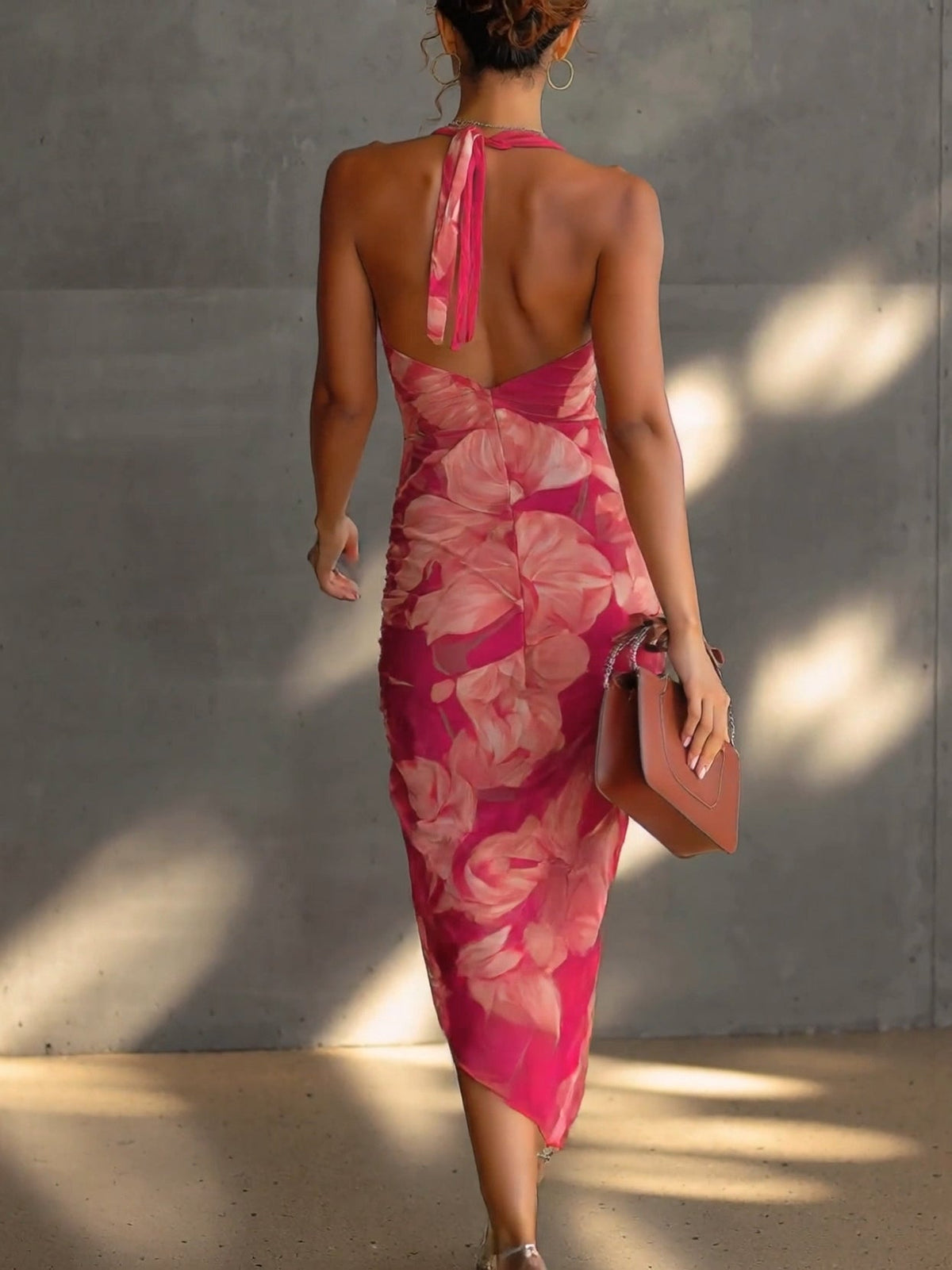 Fuchsia Bloemenprint Mouwloze Rimpelzijde Split Bodycon Jurk