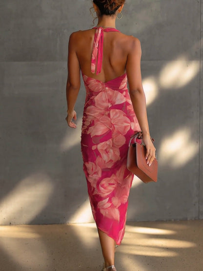 Fuchsia Bloemenprint Mouwloze Rimpelzijde Split Bodycon Jurk