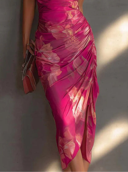 Fuchsia Bloemenprint Mouwloze Rimpelzijde Split Bodycon Jurk