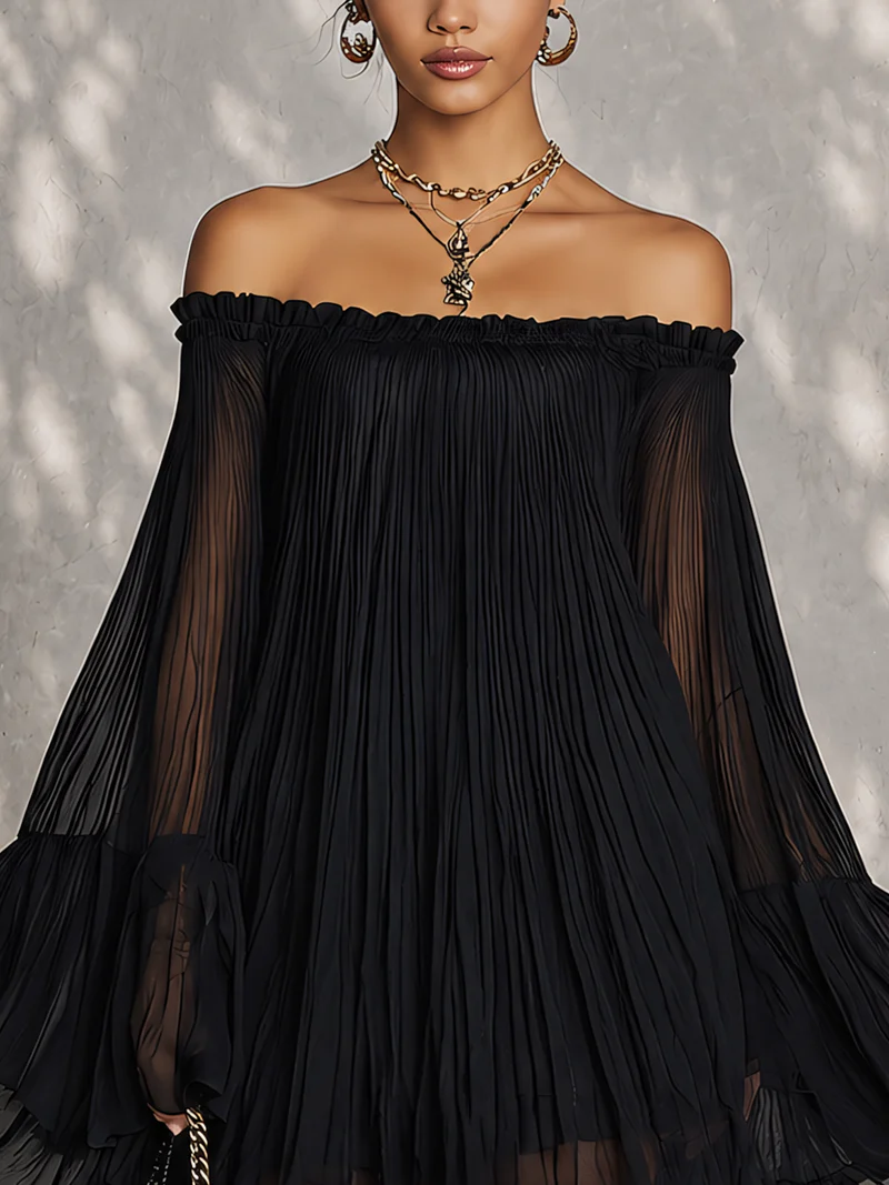Océane | Mini Zwarte Jurk met Klokmouwen en Off-Shoulder Rimpelingen