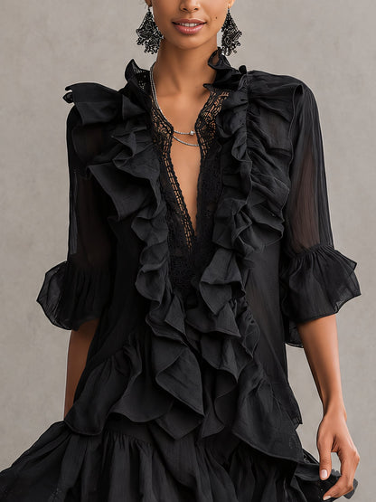 Anaïs | Mini Jurk in Zwart Georgette met Volants