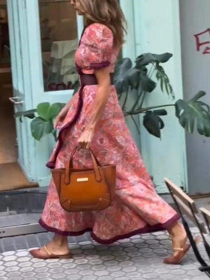 Elegante Roze Bloemenprint Korte Mouwen Maxi Jurk
