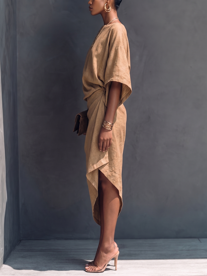 Khaki Draped Asymmetrische Midi-jurk met Korte Mouwen