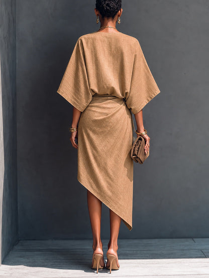 Khaki Draped Asymmetrische Midi-jurk met Korte Mouwen