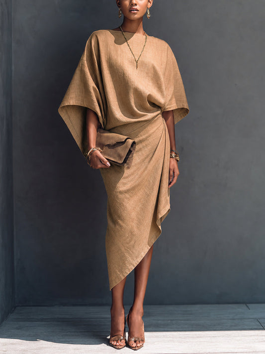 Khaki Draped Asymmetrische Midi-jurk met Korte Mouwen