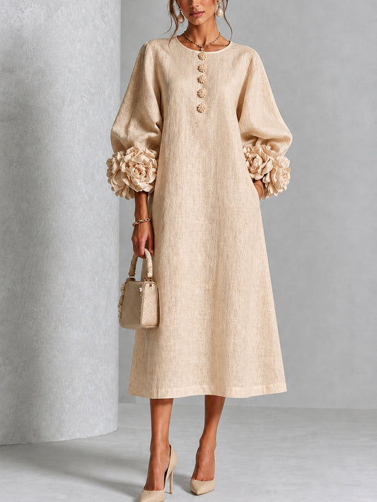 Beige Bloemen Knopen Midi Jurk Met Opvallende Bloemen Mouwen