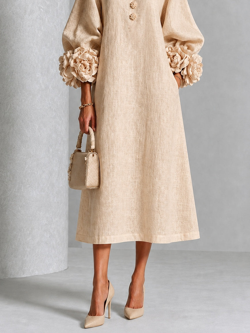 Beige Bloemen Knopen Midi Jurk Met Opvallende Bloemen Mouwen