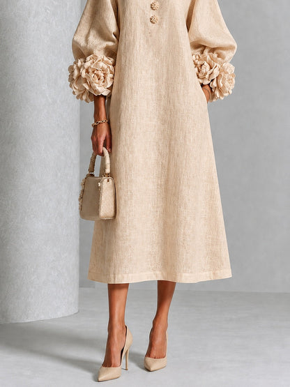Beige Bloemen Knopen Midi Jurk Met Opvallende Bloemen Mouwen