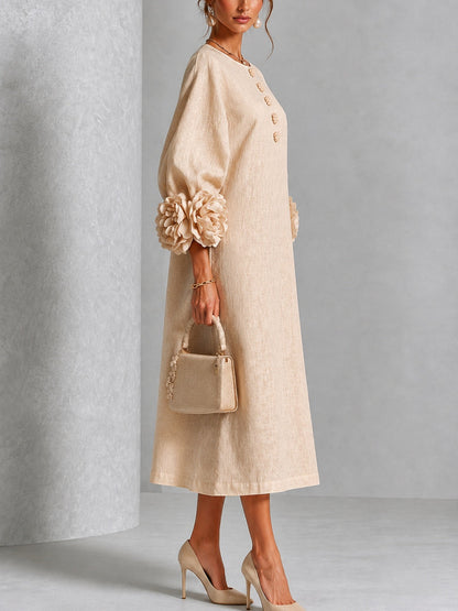 Beige Bloemen Knopen Midi Jurk Met Opvallende Bloemen Mouwen