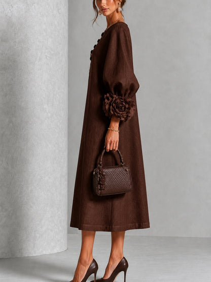 Chocoladebruine Bloemen Knopen Midi Jurk Met Opvallende Bloemen Manchetten