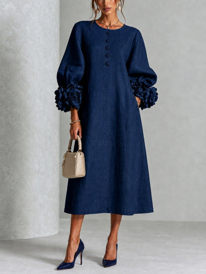 Marineblauwe Bloemen Button-down Midi-jurk Met Opvallende Bloemenmanchetten
