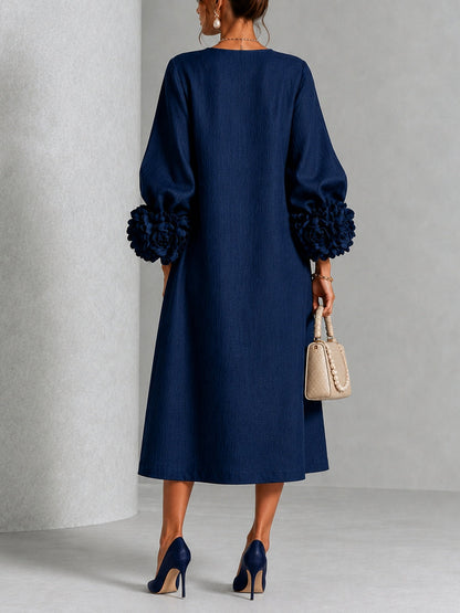 Marineblauwe Bloemen Button-down Midi-jurk Met Opvallende Bloemenmanchetten