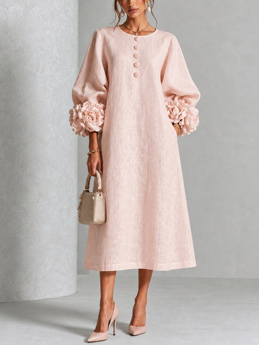 Roze Bloemen Knop-down Midi Jurk Met Opvallende Bloemenmanchetten