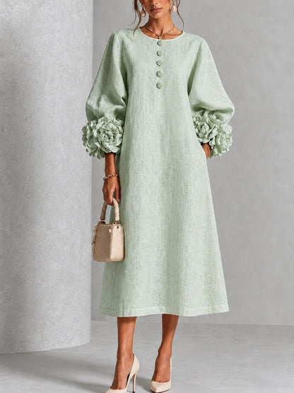 Sage Mist Bloemen Knop-down Midi Jurk Met Opvallende Bloemen Manchetten