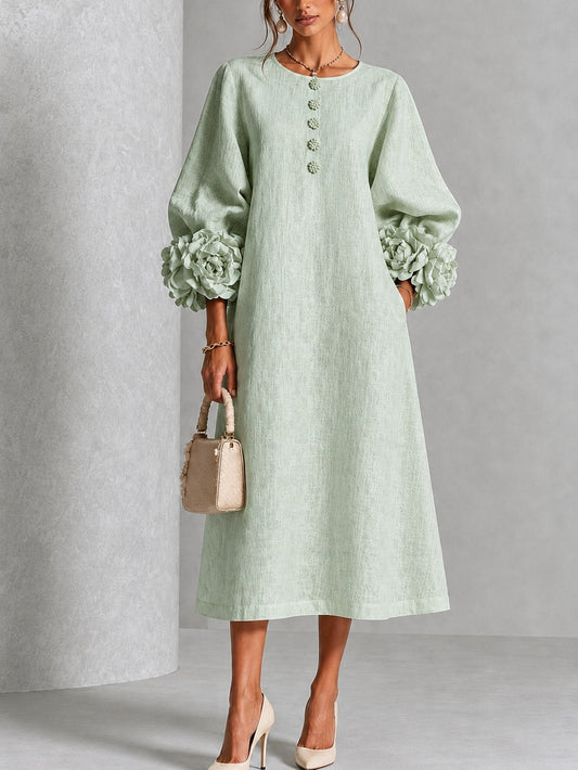 Sage Mist Bloemen Knop-down Midi Jurk Met Opvallende Bloemen Manchetten
