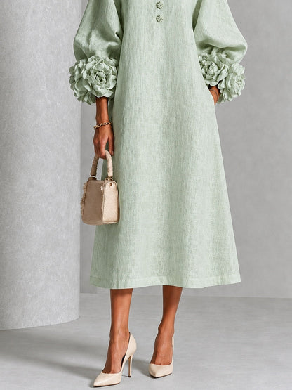 Sage Mist Bloemen Knop-down Midi Jurk Met Opvallende Bloemen Manchetten
