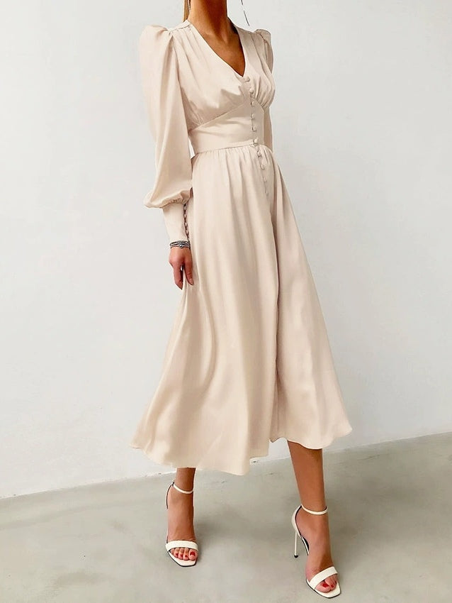 Satin Solid Ballon Mouw V-Hals Midi Jurk
