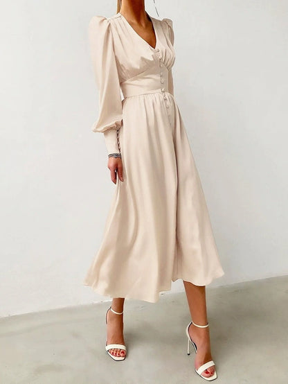 Satin Solid Ballon Mouw V-Hals Midi Jurk