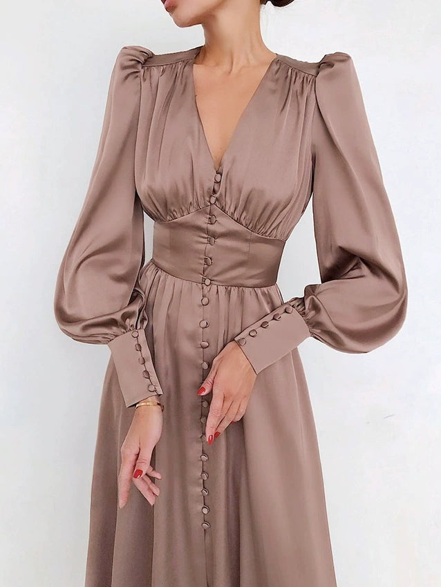 Satin Solid Ballon Mouw V-Hals Midi Jurk