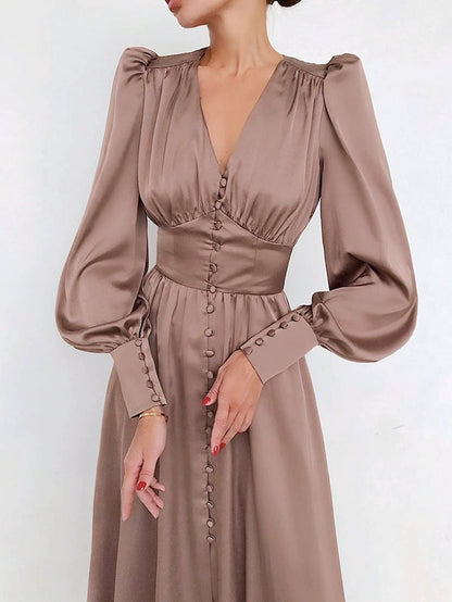 Satin Solid Ballon Mouw V-Hals Midi Jurk