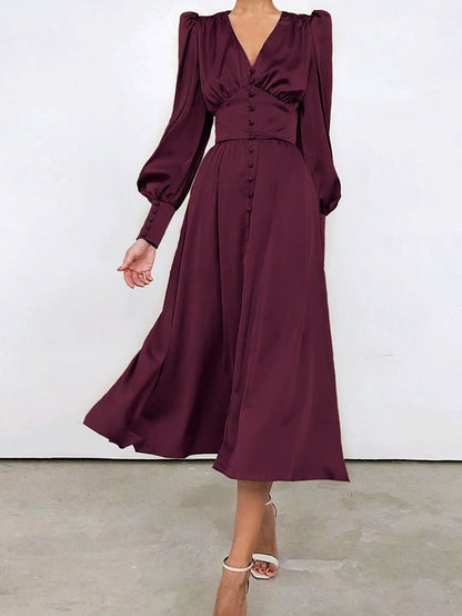 Satin Solid Ballon Mouw V-Hals Midi Jurk