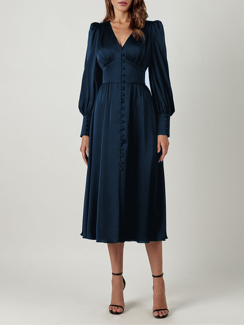 Satin Solid Ballon Mouw V-Hals Midi Jurk