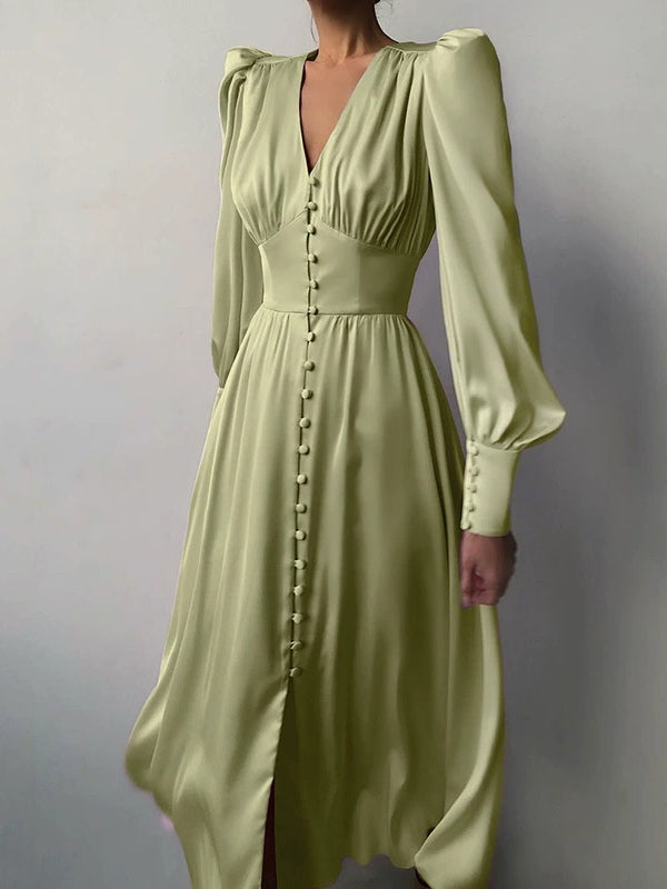 Satin Solid Ballon Mouw V-Hals Midi Jurk