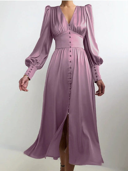 Satin Solid Ballon Mouw V-Hals Midi Jurk