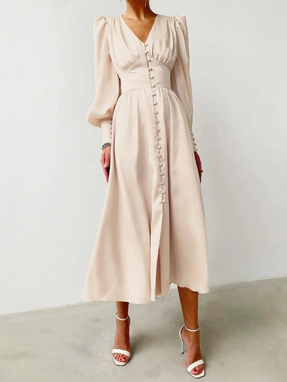 Satin Solid Ballon Mouw V-Hals Midi Jurk