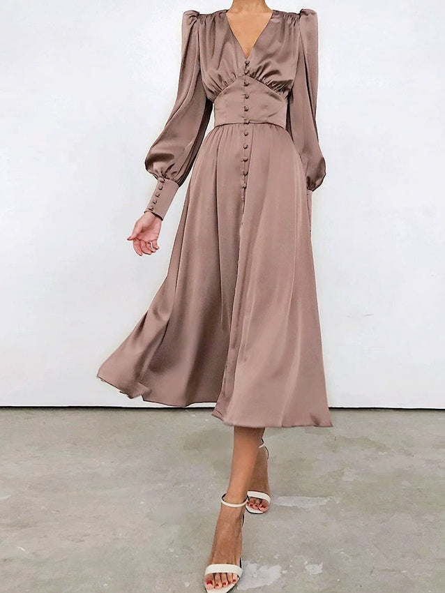 Satin Solid Ballon Mouw V-Hals Midi Jurk