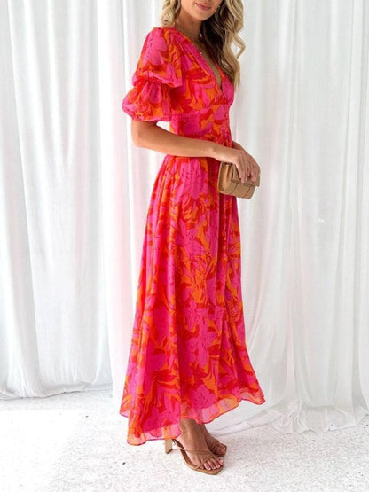 Elegante Bloemen V-hals Midi Jurk