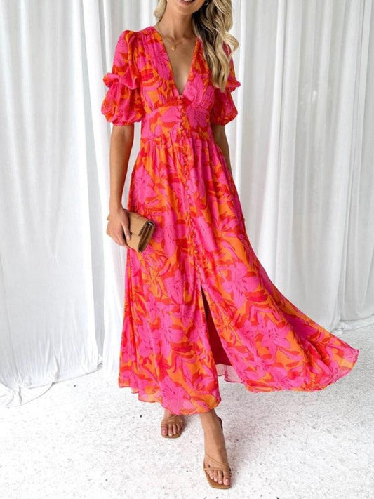 Elegante Bloemen V-hals Midi Jurk