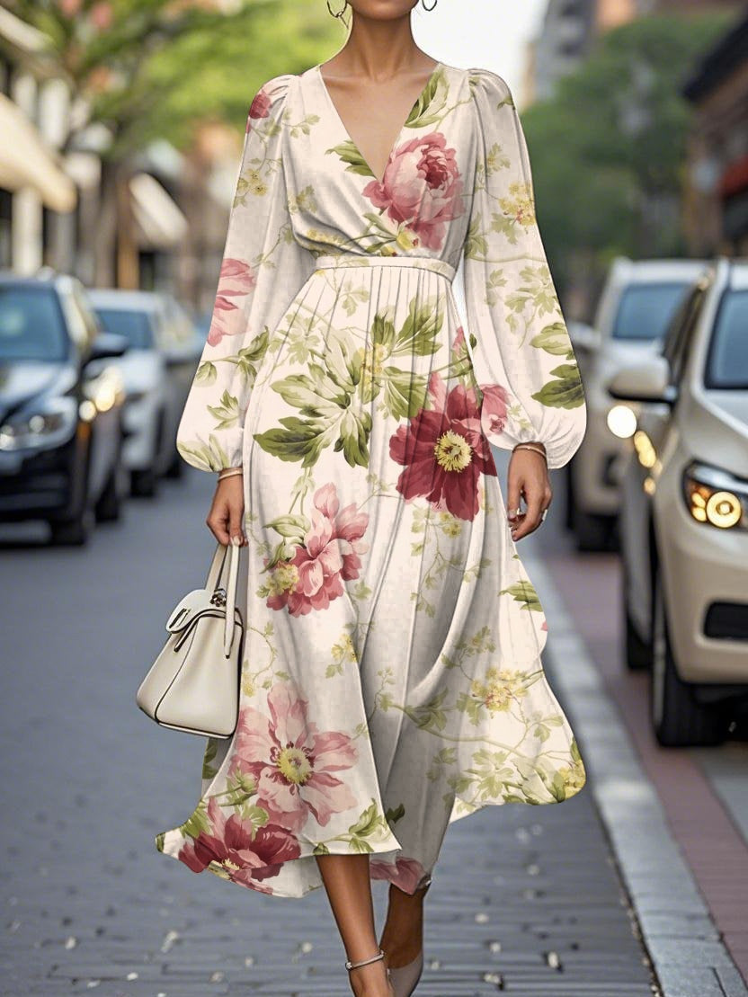 Elegante Bloemen V-hals Chiffon Plissé Midi Jurk
