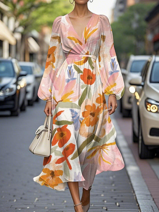 Elegante Bloemen V-hals Chiffon Plissé Midi Jurk