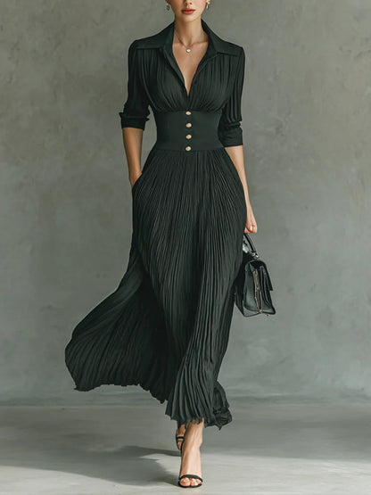 Leona - Lange geplooide jurk met revers en hoge taille