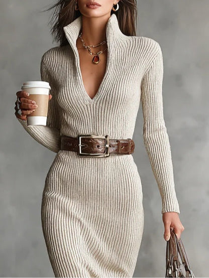 Slim Fit Halve Col V-Hals Lange Mouw Gebreide Ceintuur Midi Jurk (met ceintuur)