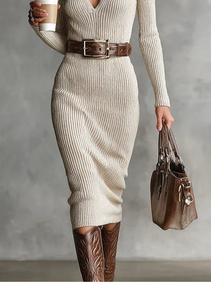 Slim Fit Halve Col V-Hals Lange Mouw Gebreide Ceintuur Midi Jurk (met ceintuur)