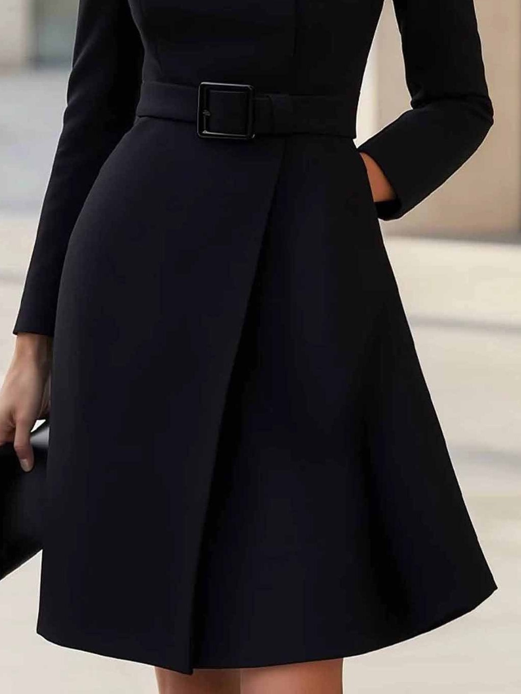 Elegante Hoge Hals Tailleband A-lijn Midi Jurk (met riem)