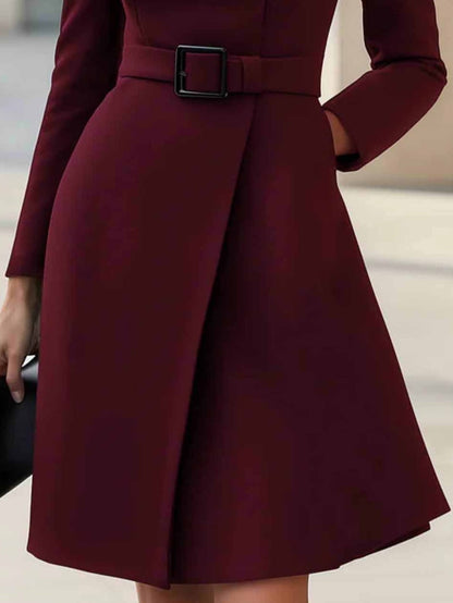 Elegante Hoge Hals Tailleband A-lijn Midi Jurk (met riem)