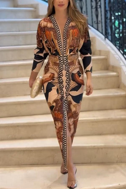 Unieke Print Dolman Lange Mouwen Rimpel Split Midi Jurk
