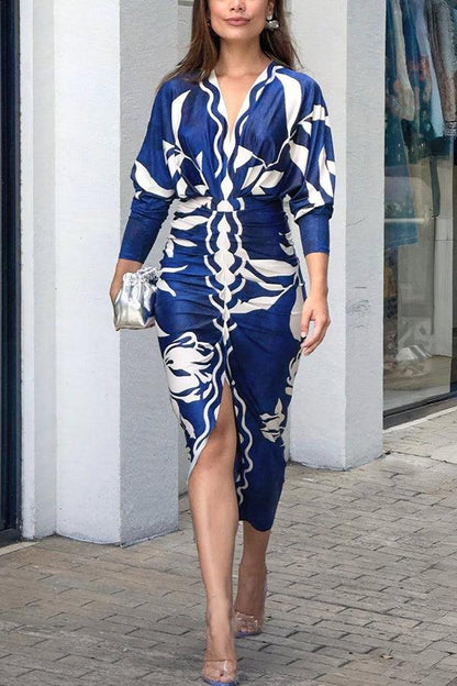 Unieke Print Dolman Lange Mouwen Rimpel Split Midi Jurk