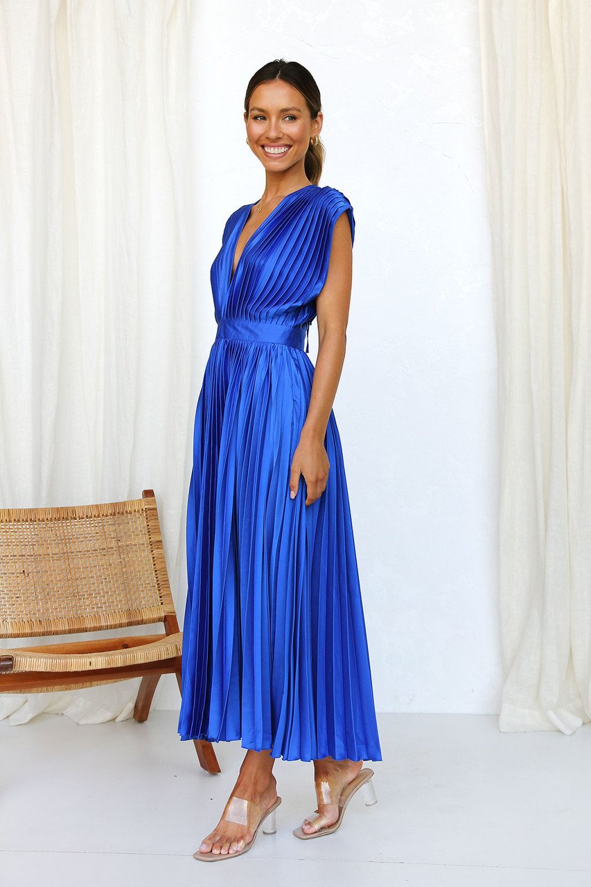 Elegante Satijnen Geplooide V-hals Vloeiende Midi Jurk