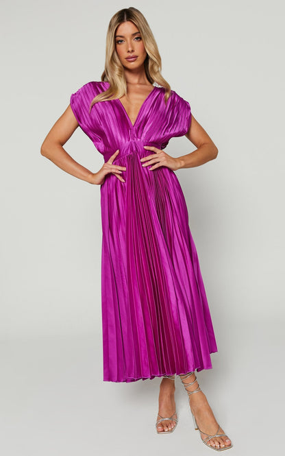 Elegante Satijnen Geplooide V-hals Vloeiende Midi Jurk